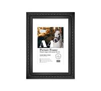 Almost Frameless A4 Black Ornate Picture Frame With White Mount for A5 (14.8 x 21cm - 5.8 x 8.3in) Poster, Photo, Artwork, or Print. Shabby Chic Style Portrait and Landscape Display with Wall Hooks