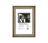 Almost Frameless A4 Champaign Ornate Picture Frame With White Mount for A5 (14.8 x 21cm - 5.8 x 8.3in) Poster, Photo, Artwork, or Print. Baroque Style Portrait and Landscape Display with Wall Hooks