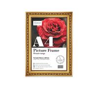 Almost Frameless A4 Gold Ornate Picture Frame Fits A4 (21 x 29.7cm - 8.3 x 11.7in) Poster, Photo, Artwork, or Print. Baroque Style Portrait and Landscape Display with Wall Hooks