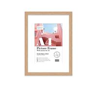Almost Frameless A4 Oak Picture Frame With Mount for A5 (14.8 x 21cm - 5.8 x 8.3in) Poster, Photo, Artwork, or Print. Thin Edge Slim Frame Portrait and Landscape Display with Wall Hooks