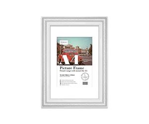 Almost Frameless A4 White Ornate Picture Frame With White Mount for A5 (14.8 x 21cm - 5.8 x 8.3in) Poster, Photo, Artwork, or Print. Antique Style Portrait and Landscape Display with Wall Hooks
