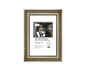 Almost Frameless A5 Champaign Ornate Picture Frame With White Mount for A6 (10.5 x 14.8cm - 4.1 x 5.8in) Poster, Photo, Artwork, or Print. Elegant Style Portrait and Landscape Display with Wall Hooks