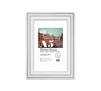 Almost Frameless A5 White Ornate Picture Frame With White Mount for A6 (10.5 x 14.8cm - 4.1 x 5.8in) Poster, Photo, Artwork, or Print. Opulent Style Portrait and Landscape Display with Wall Hooks