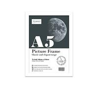 Almost Frameless A5 White Picture Frame, Fits A5 (14.8 x 21cm - 5.8 x 8.3in) Poster, Photo, or Print. Portrait and Horizontal Wall Hooks/Kickstand Wall Art Display