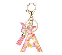 Alnicov Alphabet A Keychain,Initial Letter Keyring with Butterfly Tassel Resin Pendant Charm Cute Pink Style for Family Friend Gift Purse Bag Handbag Luggage Travel Deco Car Keyring Backpack