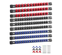 ALOANES 9PC ABS Socket Organizer, Socket Rail Oragnizers Fit 1/2 inch, 3/8 inch and 1/4 inch Drive, Heavy Duty Socket Racks Hold up to 129 Sockets, Black Rails with Red Blue Black Clips