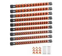 ALOANES 9PC ABS Socket Organizer, Socket Rails Fit 1/2 inch, 3/8 inch and 1/4 inch Drive, Heavy Duty Socket Holders Hold up to 129 Sockets, Black Rails with Orange Clips