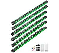 ALOANES Magnetic Socket Organizer Set, 6PC Heavy Duty Aluminum Socket Holder Organizer, 360° Swivel Clips Socket Holder Kit for Toolbox Drawer Fit 1/2, 3/8, 1/4-Inch x 80 Clips (Green, 6PC)