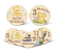 ALodr 7 Pcs Winnie Baby Monthly Milestone Markers, Winnie Double Sided Winnie Baby Months Wooden Signs with Storage Bag, Winnie Baby Monthly Announcement Wooden Discs, Winnie Milestone Pictures of