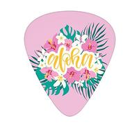 Aloha Guitar Picks 12 Pack Universal ABS Guitar Picks,Hand Lettering with Hibiscus Plumeria Flowers and Tree Leaves on Pink Backdrop,for Acoustic and Electric Guitar