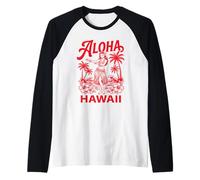 Aloha Hawaii Hawaiian Dancer Palm Trees Hibiscus Waves Hula Raglan Baseball Tee