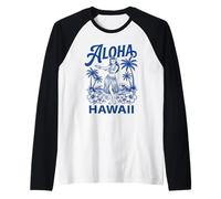 Aloha Hawaii Hawaiian Dancer Palm Trees Hibiscus Waves Hula Raglan Baseball Tee