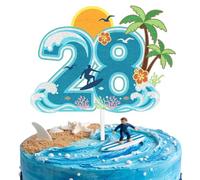 Aloha Summer 28th Birthday Cake Topper - Tropical Beach Vacation Party Decorations - Ocean Wave & Hibiscus Flower Cake Sign Tropical Luau Beach Party Supplies (28th)
