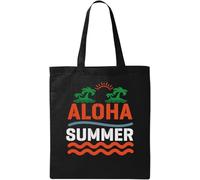 Aloha Summer Palm Tree Sun Graphic Natural Ecological Cotton Tote Bag Black