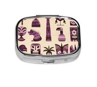 Aloha Tiki Pattern Mini Pill Box Metal Travel Medicine Organizer with 2 Compartments Pocket-Sized Pill Container