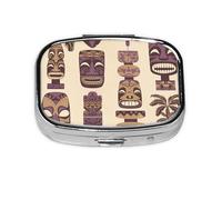 Aloha Tiki Pattern Mini Pill Box Metal Travel Medicine Organizer with 2 Compartments Pocket-Sized Pill Container