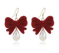 Aloluo Red Flower Pearl Dangle Earrings for Women Girls Gold Plated Imitation Pearls Hypoallergenic Nickel Free Cute Hanging Hook Earring Mothers Day Wedding, Metal, No Gemstone