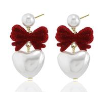Aloluo Red Ribbon Bow Heart Pearl Dangle Drop Earrings for Women Gold Plated Hypoallergenic Bowknot Imitation Pearls Dangling Stud Earring Christmas Anniversary Birthday Jewelry Gifts