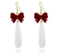 Aloluo Red Ribbon Bow Teardrop Pearl Dangle Earrings for Women Gold Plated Bowknot Imitation Pearls Drop Dangling Hook Earring Christmas Wedding Birthday Jewelry Gifts