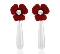 Aloluo Red Ribbon Flower Pearl Teardrop Dangle Earrings for Women Long Imitation Pearls Drop Dangling Statement Earring Stud Christmas Wedding Birthday Jewelry Gifts