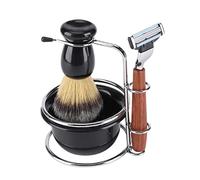 Alomejor 4Pcs Shaving Set Smooth Wooden Handle Hair Brush Stand Bowl for Easy Cleaning Great for Men
