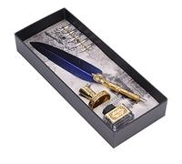 Alomejor Feather Pen Exquisite Vintage Stainless Steel Smoothly Writing for Parents, Teachers, Elders Gift Box 1 Set (Blue)