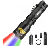 Alonefire X004 4 Color in 1 LED Tactical Torch Rechargeable Red Green Blue White Light Flashlight Waterproof Zoomable with Lithium Battery, Charger for Camping Hiking Hunting Fishing Police Adults