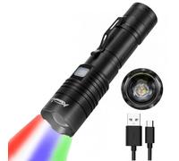 Alonefire X37 4 Color LED Tactical Torch USB Rechargeable Red Green Blue White Light Multicolor Flashlight RGB Waterproof Zoom with Power Bank, Battery Included for Tracking Fishing Hunting Police