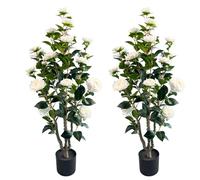 Alonfale 3.4ft Artificial Camellia Tree | White Flowers & Green Leaves | Indoor Outdoor Decor, No Maintenance (2 Pack - White)