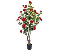 Alonfale 5ft Artificial Camellia Tree | Red Flowers & Green Leaves | Indoor Outdoor Decor, No Maintenance (1 Pack - RED)