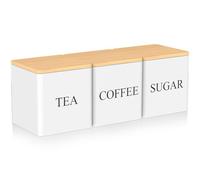 Alongen 3Pcs Tea Sugar Coffee Canister Set with Bamboo Lids Large Capacity Tea Sugar Coffee Container Set Sealed Jar Space Saving Canister(white)