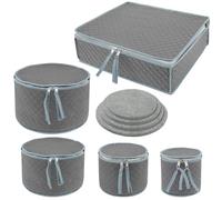 Alongen 5Pcs Dinner Plate Storage Box with Lid,Oxford Cloth Quilted Dish Container with 48 Felt Inners Portable China Storage Container for Plates Cups Glassware Transport Moving