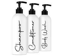 Alora 16oz Reusable Shampoo and Conditioner Bottles - Easy to read Lettering - Pump Bottle Dispenser for Shampoo, Conditioner, Body Wash - Empty Plastic Refillable Containers (White, 16oz)