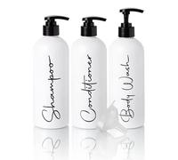 Alora 32oz Reusable Shampoo and Conditioner Bottles - Set of 3 - Easy to Read Labels - Pump Bottle Dispenser for Shampoo, Conditioner, Body Wash - Empty Plastic Refillable Containers for Shower