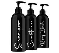 Alora Home Essentials Reusable Shampoo and Conditioner Bottles - Set of 3 Matte Black Permanent Stylish Labels 16oz Pump Bottle Dispenser, Body Wash Plastic Refillable (MBBW16)