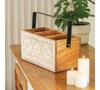 ALORAA Hand Carved Decorative Wooden Stand with Handle - Mango Wood Storage Box for Kitchen Bedroom or Bathroom - Geometric Whitewashed Organiser Box with Black Metal Handle - 31 x 15 x 13cm