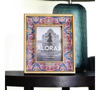 ALORAA Handcrafted Persian-Inspired Blue Photo Frame 5x7 Inch - Rustic Gold Finish with Low Pixel Vintage Print & Foil Detail - Landscape & Portrait Display - Ethical Artisan Made Home Decor Gift