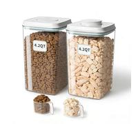 Aloxina Dog-Cat Food Storage Containers 2 Pack, 4.2 Qt Each, Airtight | Two clear 4 L/4.2 Qt canisters with one-push airtight lids; includes two 130 ml scoops; BPA-free and stackable.