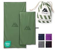 ALP & ACT Microfibre Towel Set of 2-100% Recycled - SUPER LIGHTWEIGHT & Quick Dry - 150x70 cm + 100x50 cm - Extra Compact for Travel, Camping, Holiday - Large & Small - green