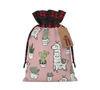 Alpaca And Cactus Printing Color Matching Plaid Christmas Bag With Drawstring,4.7x6.9 In For Christmas Halloween