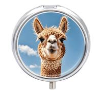 Alpaca Llama Pill Box 3 Compartment Small Pill Case for Purse Or Pocket Mini Metal Pillcase Medicine Organizer, Round Daily Medicine Container to Hold Vitamins, Fish Oil