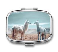 Alpaca on The Grass Pill Box 2 Compartment, Portable Pill Case with Mirror for Pocket Purse Travel, Mini Metal Medicine Organizer for Vitamins Fish Oil