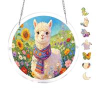 Alpaca Spring Garden Scene .. Round Hanging Acrylic Puzzle 7.4 Inch | "Alpaca Spring Garden Scene .. Round Hanging" - acrylic puzzle, sturdy & durable pieces, vibrant colors & sharp printing