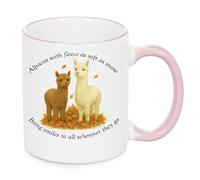Alpaca Thank You Mug - 11oz White Ceramic - Pink Handle & Rim - Soft Fleece Illustration & Autumn Leaves - Dishwasher & Microwave Safe - Gift for Animal Lovers & Pet Sitters