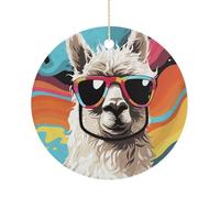 Alpaca Wearing Sunglasses Double-Sided Ceramic Christmas Ornaments - Round Hanging Mini Xmas Tree Decorations, Ideas for Farmers, Rustic Home Decor for Indoor Outdoor Tree Decor
