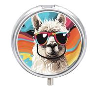 Alpaca Wearing Sunglasses Pill Box - 3 Compartment Travel Pill Organizer with Small Mirror, Portable Pillcase for Pocket & Purse, Cute Round Medicine Case, Weekly Medicine Container