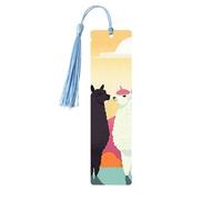Alpacas in Love in The Mountains Wooden Bookmarks Handmade Double-Sided Printed Book Marks Page Markers with Sky Blue Tassels Book Accessories Gift for Book Lovers Women Men
