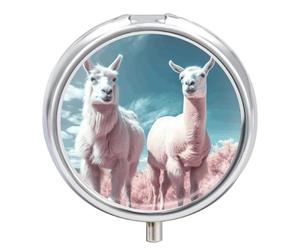 Alpacas Together Pill Box 3 Compartment Waterproof Pill Container with Mirror Metal Medicine Box Organizer Portable Vitamin Case for Pocket & Purse Travel - Round