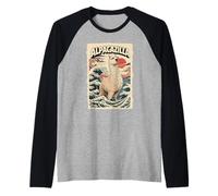 Alpacazilla Giant Alpaca Kaiju Anime Japanese Hokusai Wave Raglan Baseball Tee