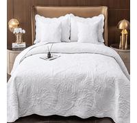 Alpes Blanc - White Eden Quilted Bedspread - Tropical Leaf Design 230 x 250 cm Quilted Bed Throw + 2 Pillowcases 65 x 65 cm